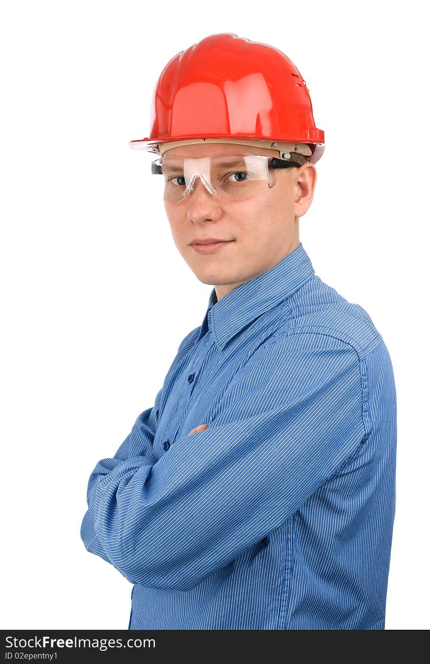 Young architect isolated on a white background