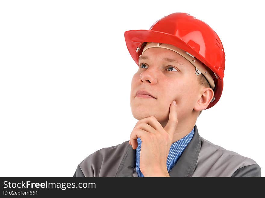 Portrait of a construction worker thinking in a hardhat