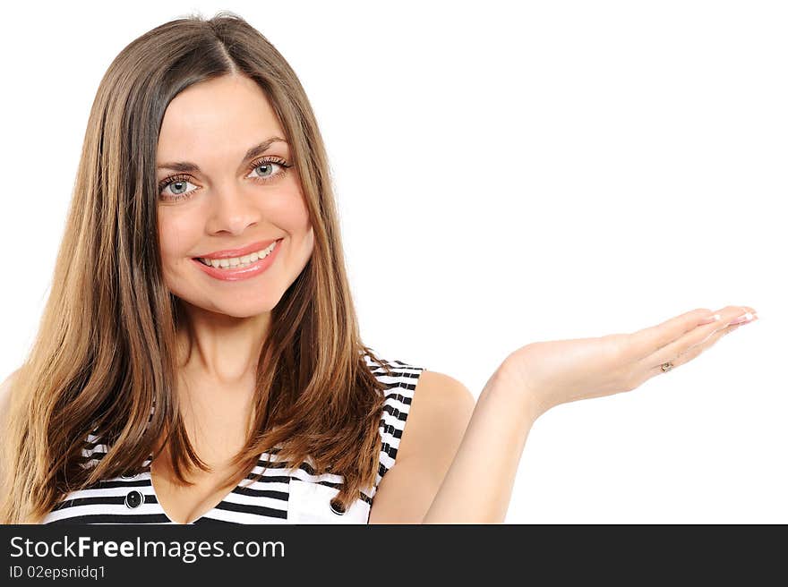 Young woman presenting copy-space on white background