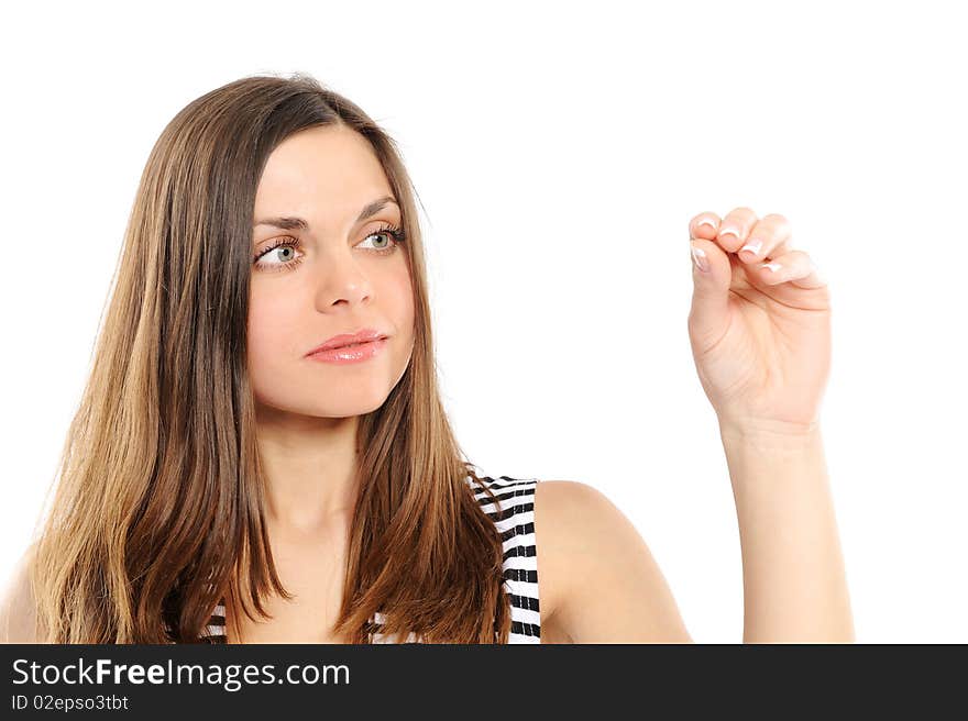 Young woman, holds your product on a white background