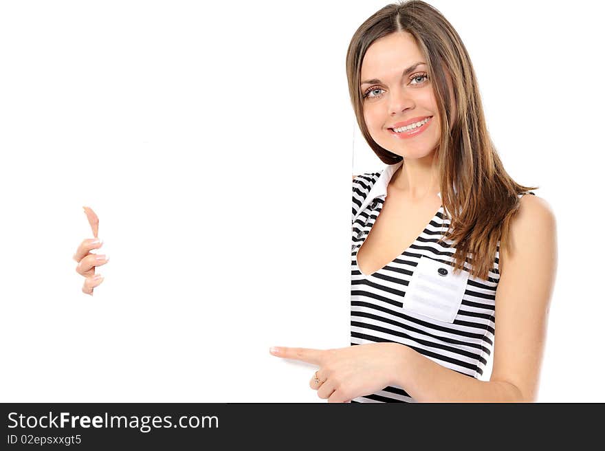 Beautiful girl holding empty white board