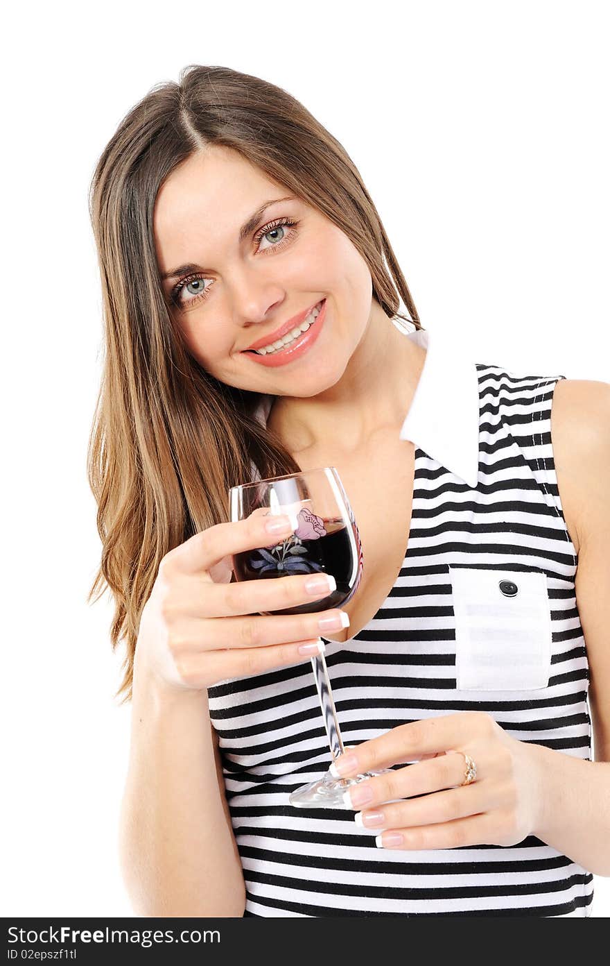 The young beautiful woman with a glass of wine on a white background. The young beautiful woman with a glass of wine on a white background