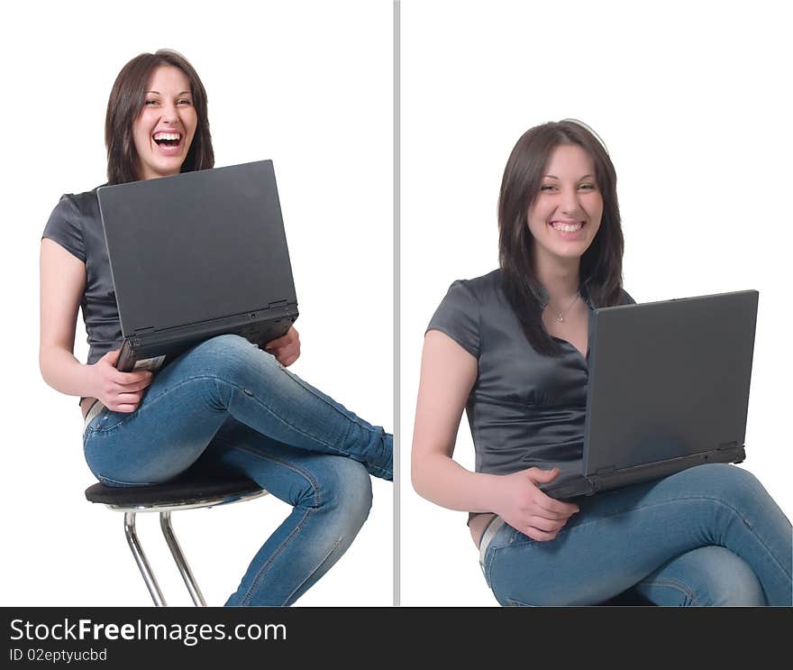 Cheerful young lady with a laptop isolated on a white