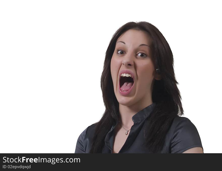 Young lady shouts isolated on a white background. Young lady shouts isolated on a white background