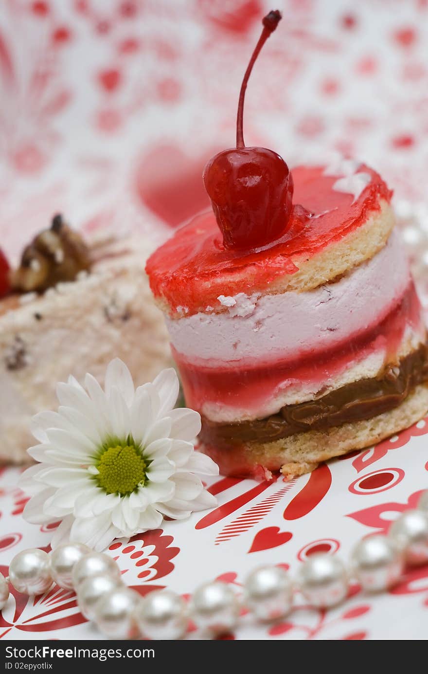 Sweet fruit red cake with cherry  and camomile