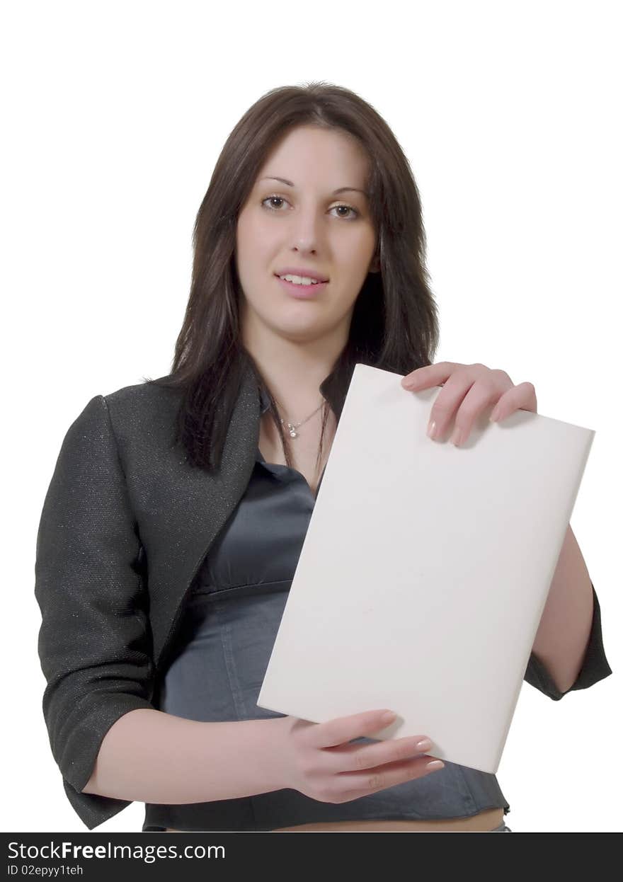 Cheerful Young Business Lady With A Clear Poster