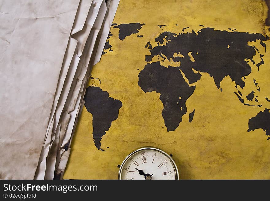 Old world map with old clock. Old world map with old clock