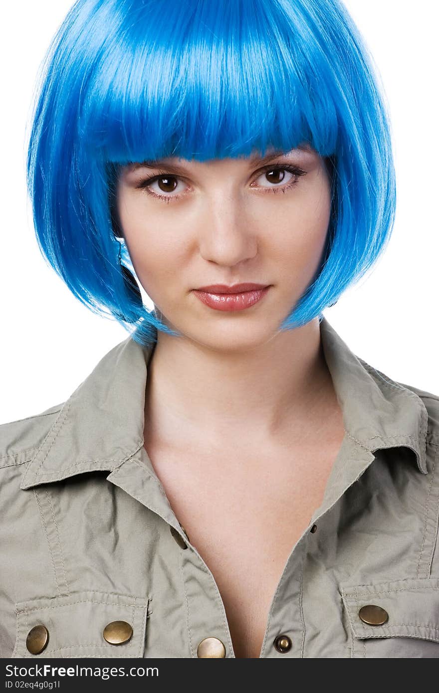 Young beautiful woman in blue artificial wig. Young beautiful woman in blue artificial wig