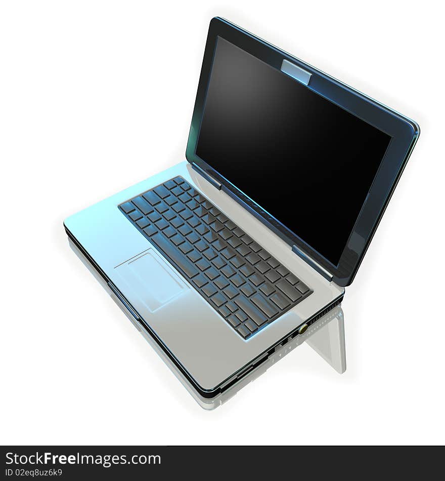 On 3d image render of laptop on white mirrow background