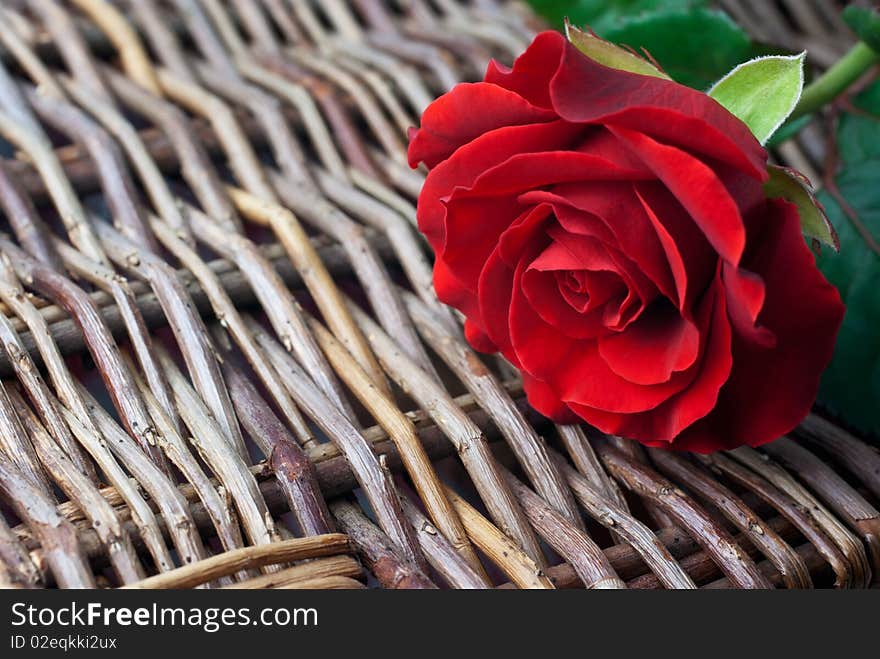 Red rose on wicker background (copy space, shallow depth of field). Red rose on wicker background (copy space, shallow depth of field)