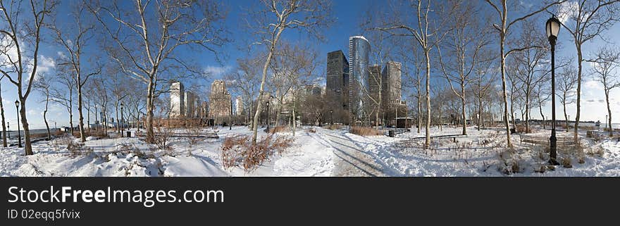 Battery Park under december's snow.