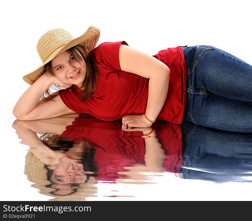 A casual and relaxied young teen with a watery reflection. Isolated on white. A casual and relaxied young teen with a watery reflection. Isolated on white.