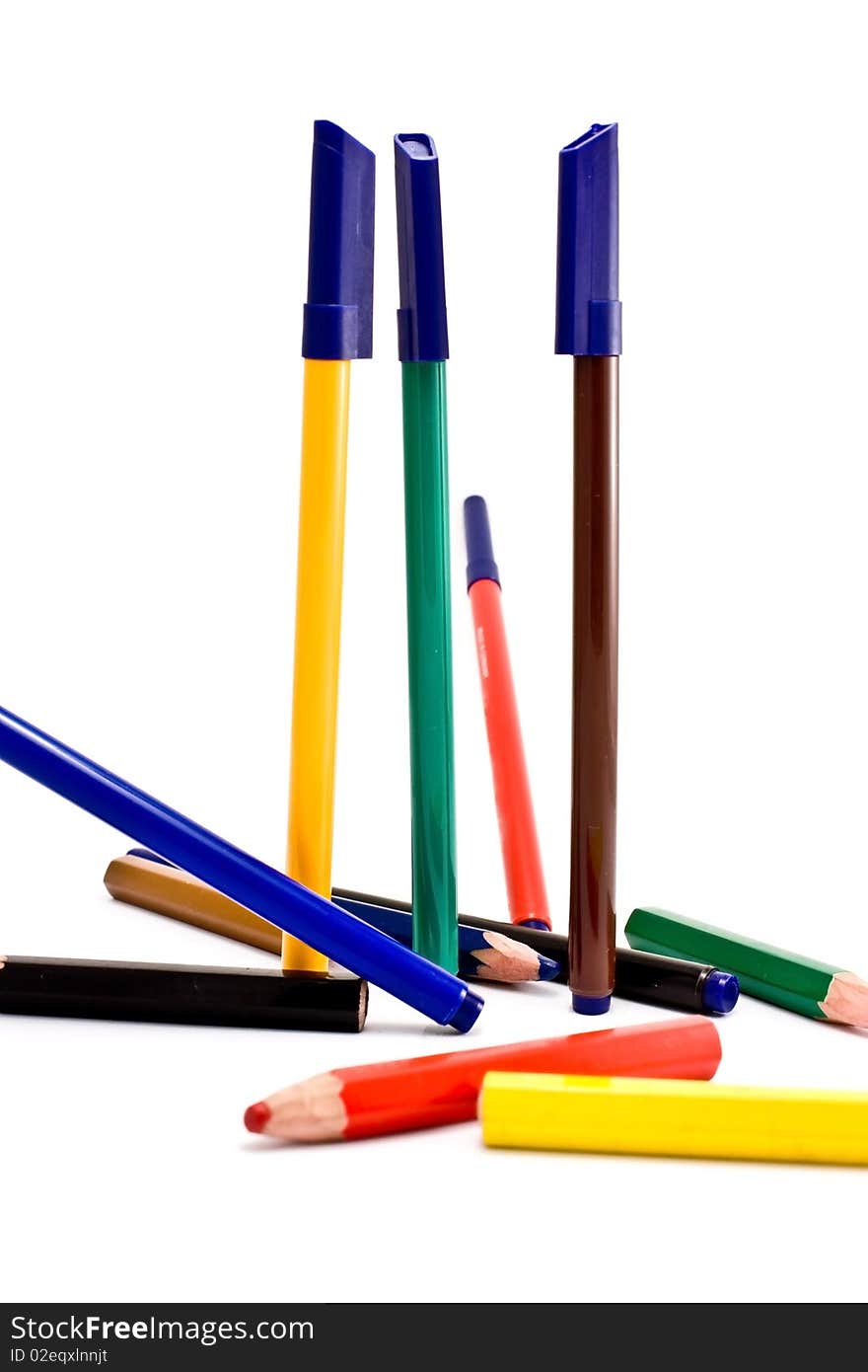 Thick pencils of different colors.