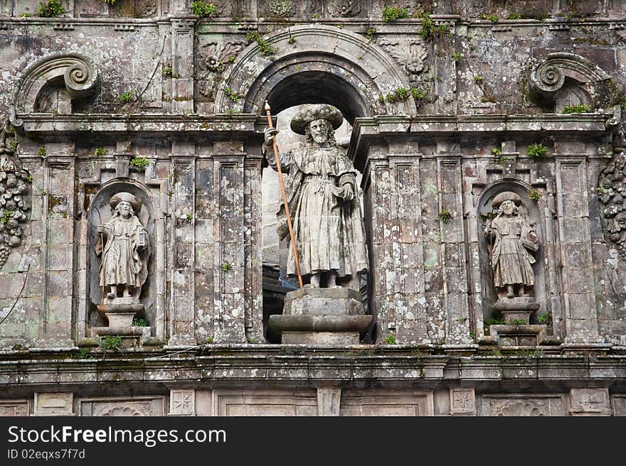 Three stone statues of kings over the entrance to the cathedral in Santiago de Compostela Cathedral