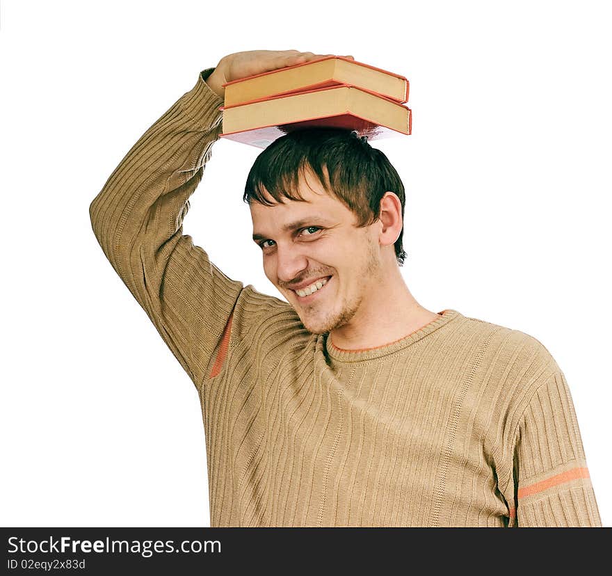 Student with two books on a head isolated on white. Student with two books on a head isolated on white