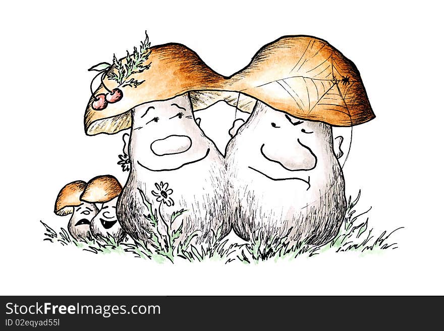 Comic water colour drawing: a family of mushrooms on walk