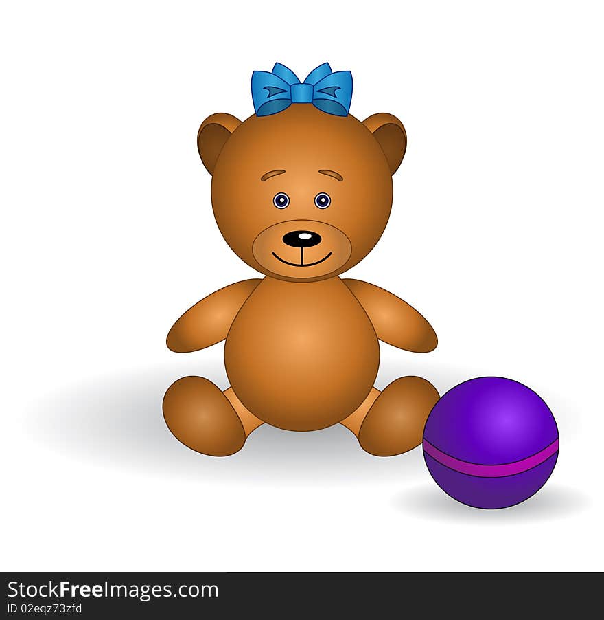 Illustration: toy bear-babe with a bow and a ball