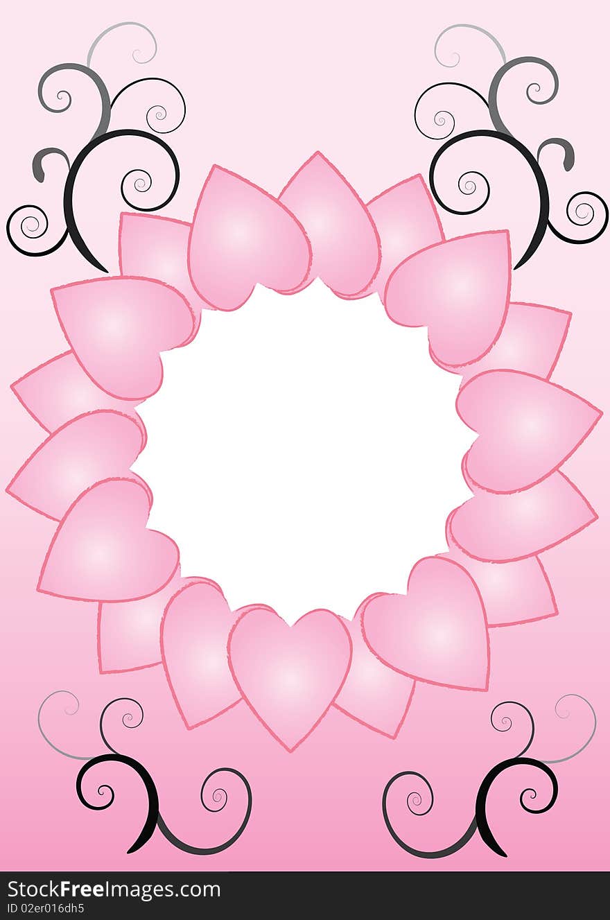 Pink hearts going in a circle with black swirls. Pink hearts going in a circle with black swirls