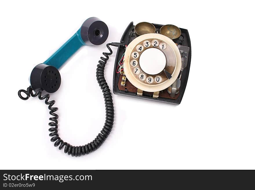 Old green phone on white background