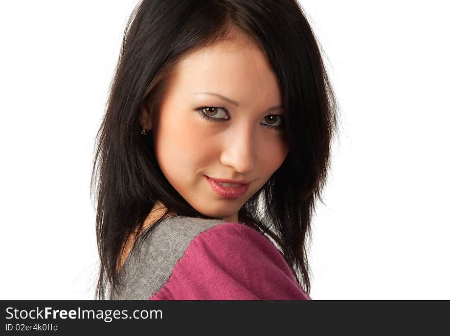 Beautiful young girl on a white background