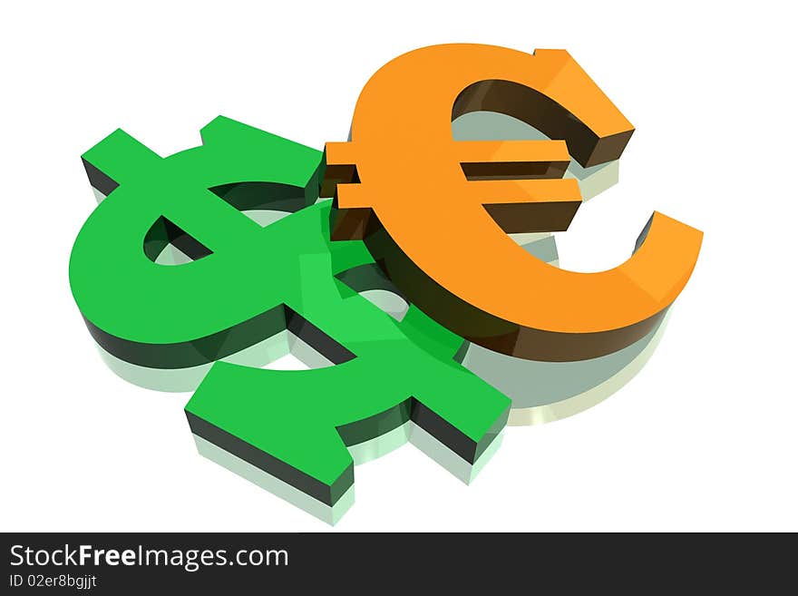 Illustration of money, dollar and euro, near against each other