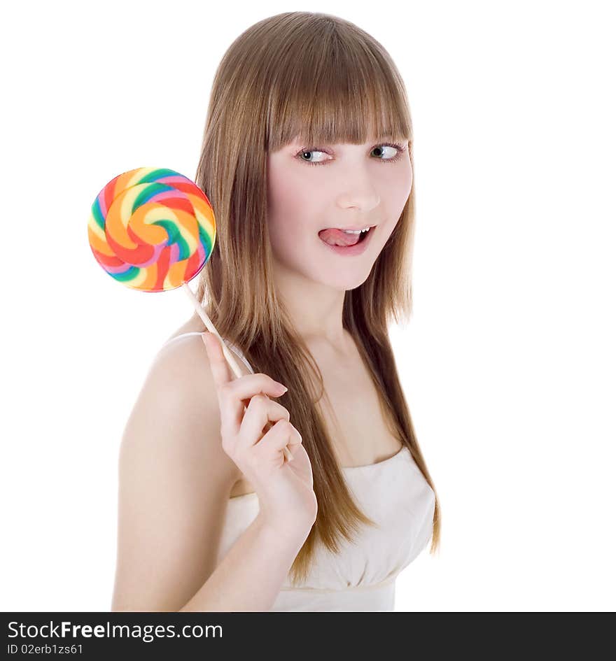 Bright picture of happy blonde with color lollipop