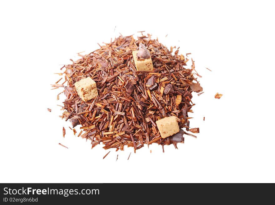 Handful of tea on white background (close up)