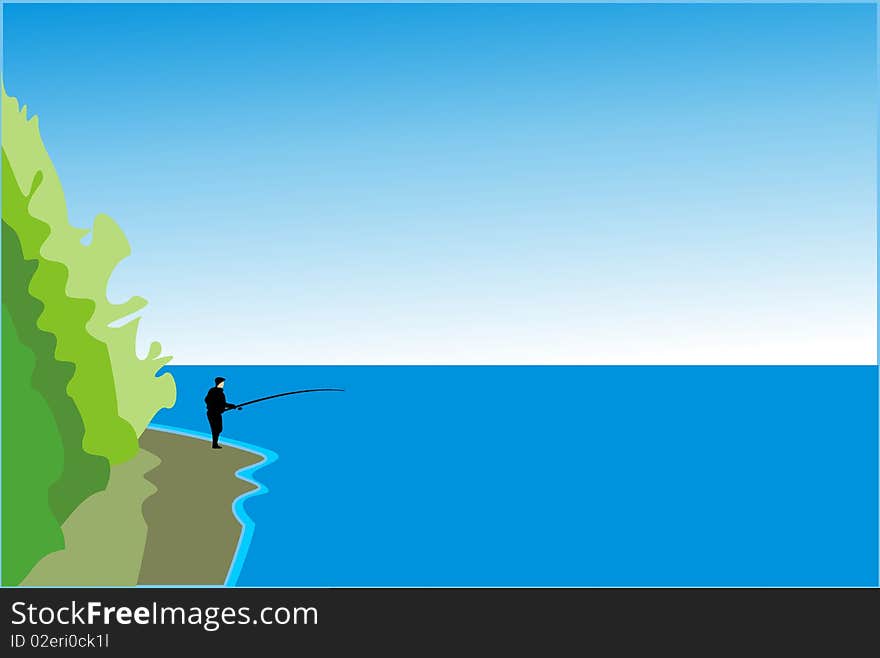 Vector llustration - fishing on lake. The fisherman with a fishing tackle costs ashore. Vector llustration - fishing on lake. The fisherman with a fishing tackle costs ashore