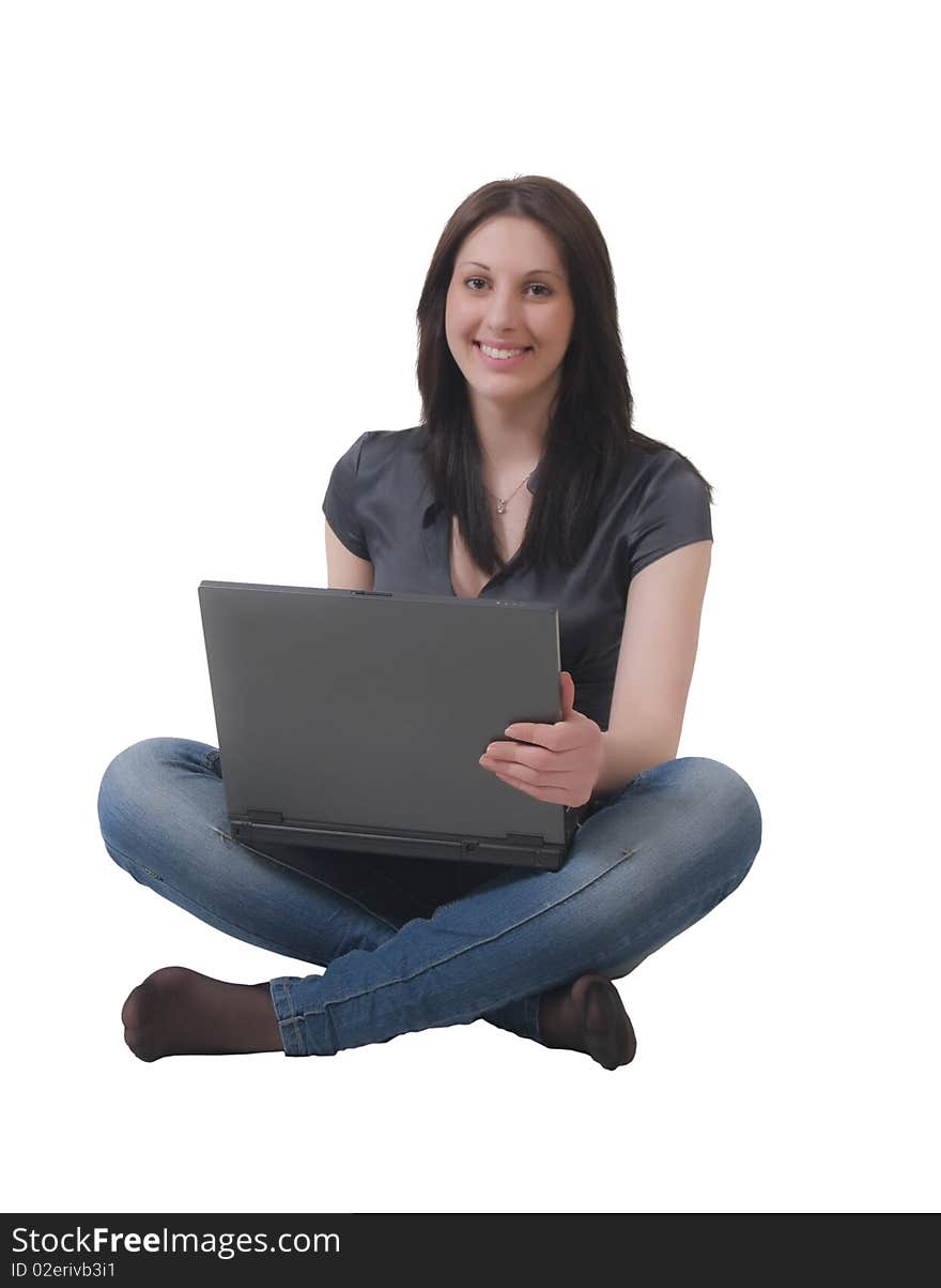 Cheerful young lady with a laptop isolated on a white