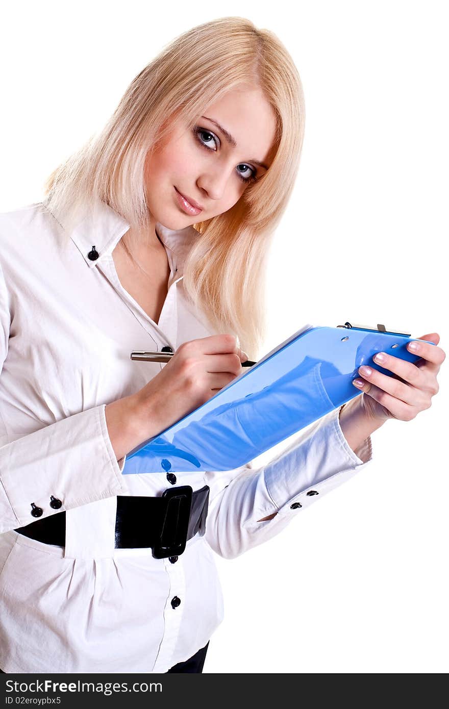 Business woman in a suit with clipboard on a white background