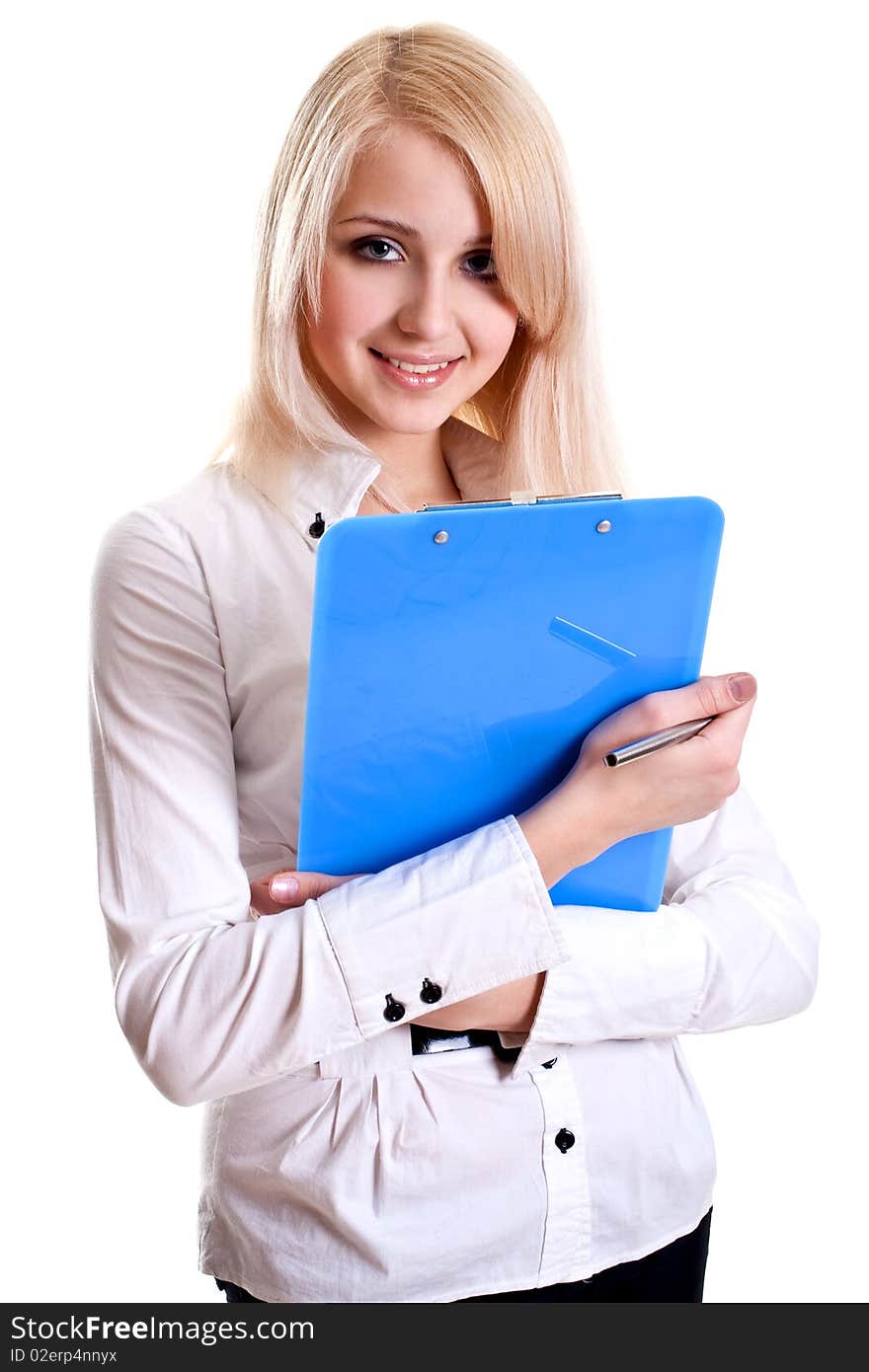 Business woman in a suit with clipboard on a white background