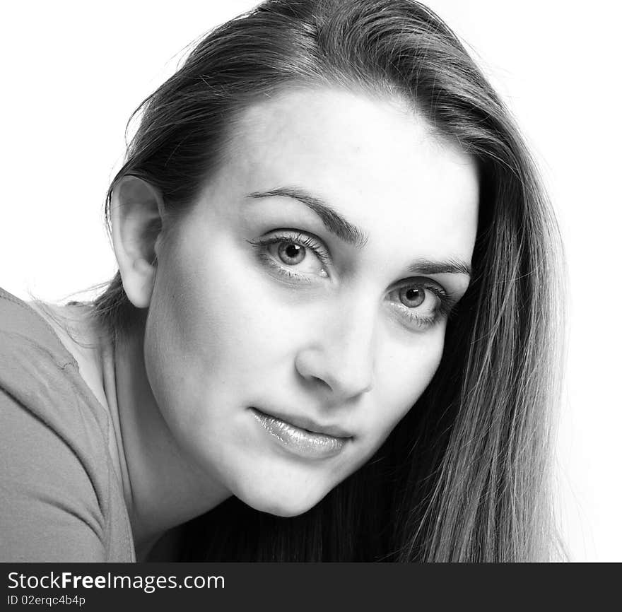 Portrait of beautiful woman in black and white. Isolated on white