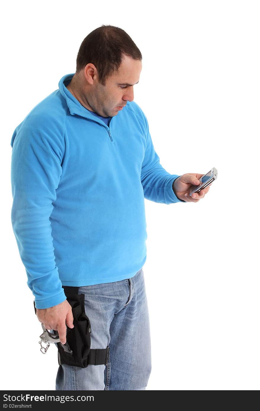 Image of a men with a pistol calling. Image of a men with a pistol calling