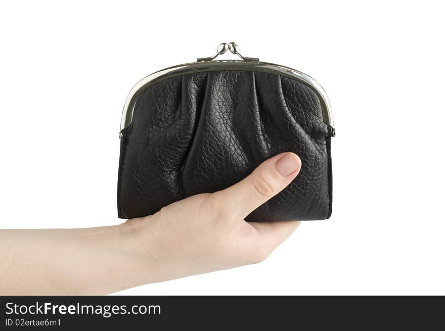 Black purse in the hands of a white background