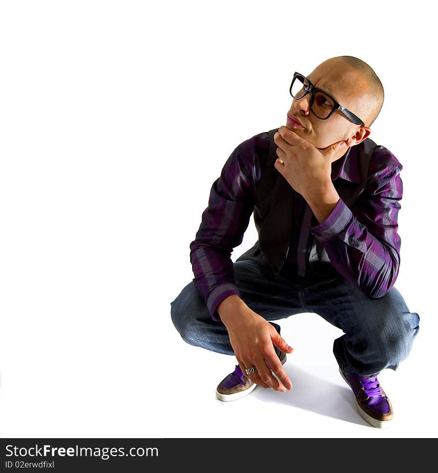 Young asian nerd styled model looking funny over white background. Young asian nerd styled model looking funny over white background.