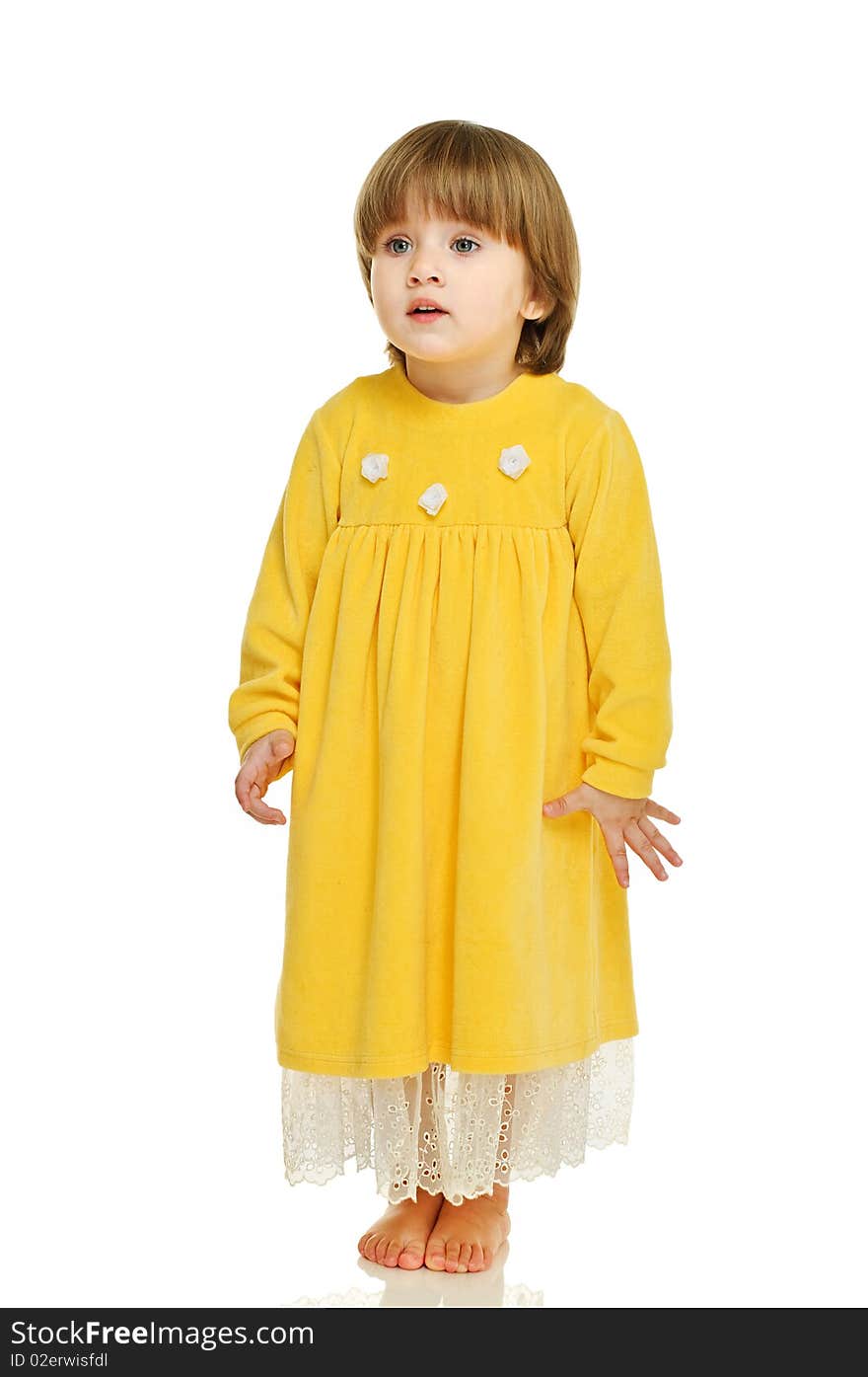 Little girl in yellow dress on white background. Little girl in yellow dress on white background