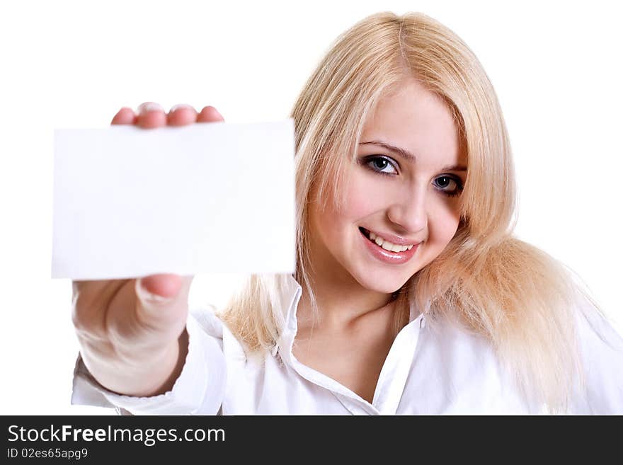 Young business woman with business card on a white background