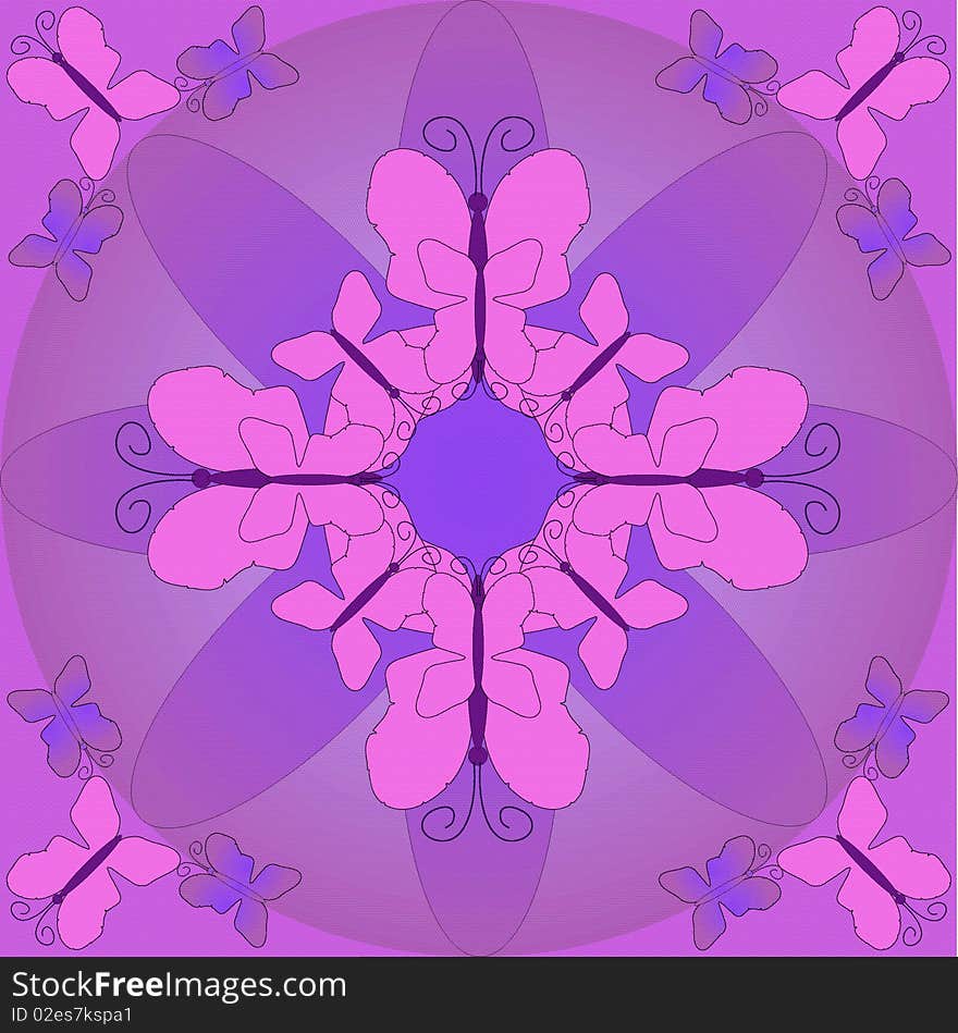 Background with butterflies, and flower in center. Background with butterflies, and flower in center