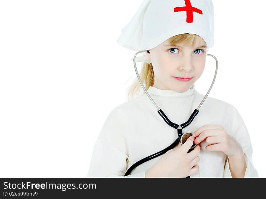 Shot of a little girl in a doctors uniform. Isolated over white background. Shot of a little girl in a doctors uniform. Isolated over white background.