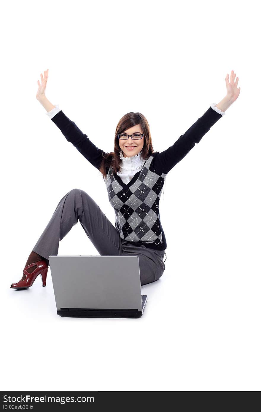 Portrait of a beautiful young woman in a business suit  with a laptop. Isolated over white background. Portrait of a beautiful young woman in a business suit  with a laptop. Isolated over white background