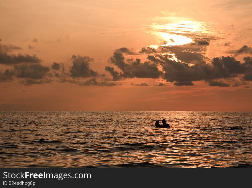 Diving at the sunset in Turkish Mediterranean sea. Diving at the sunset in Turkish Mediterranean sea