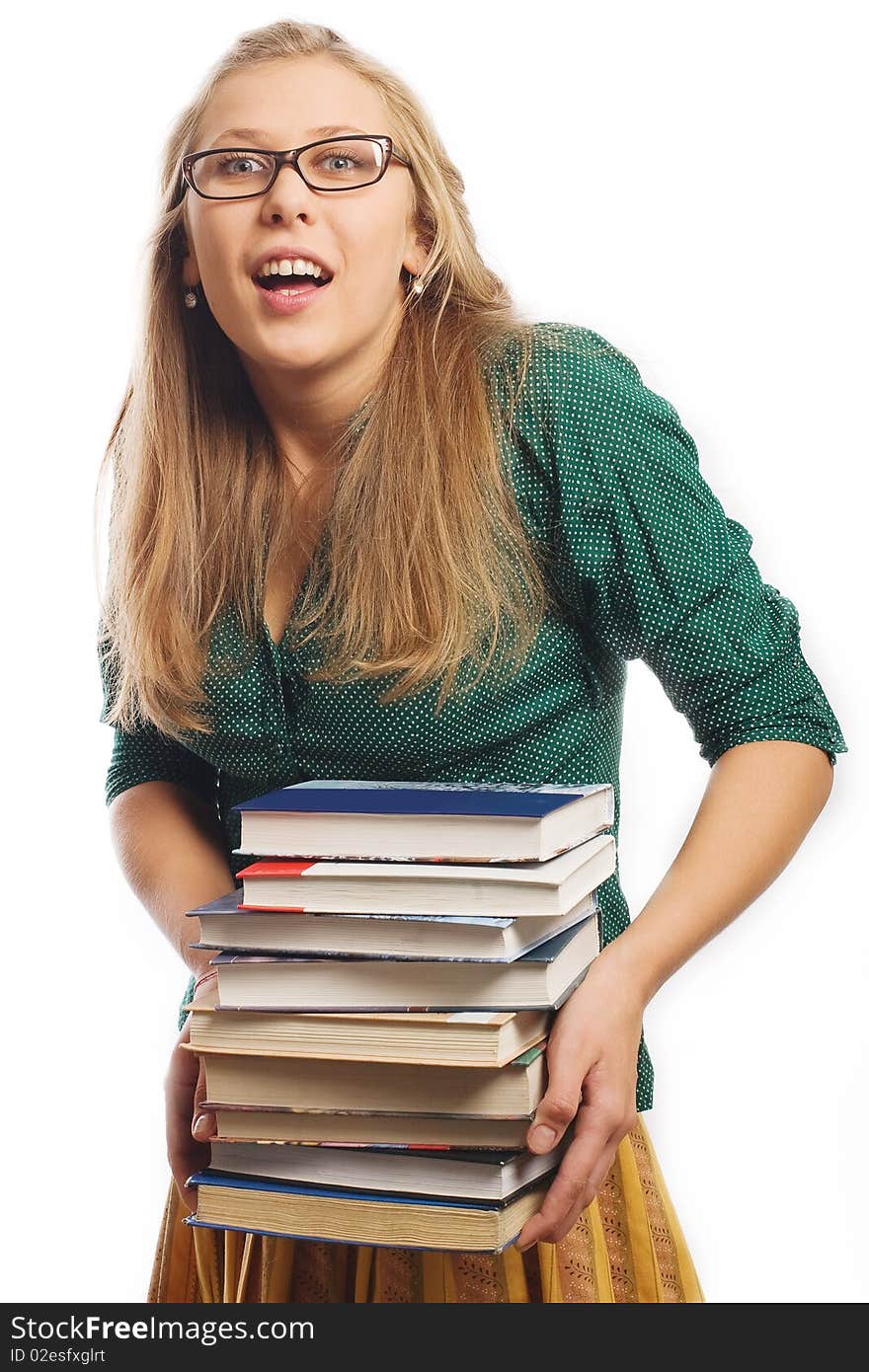 Beauty young student with books in green shirt (isolated on a white background)