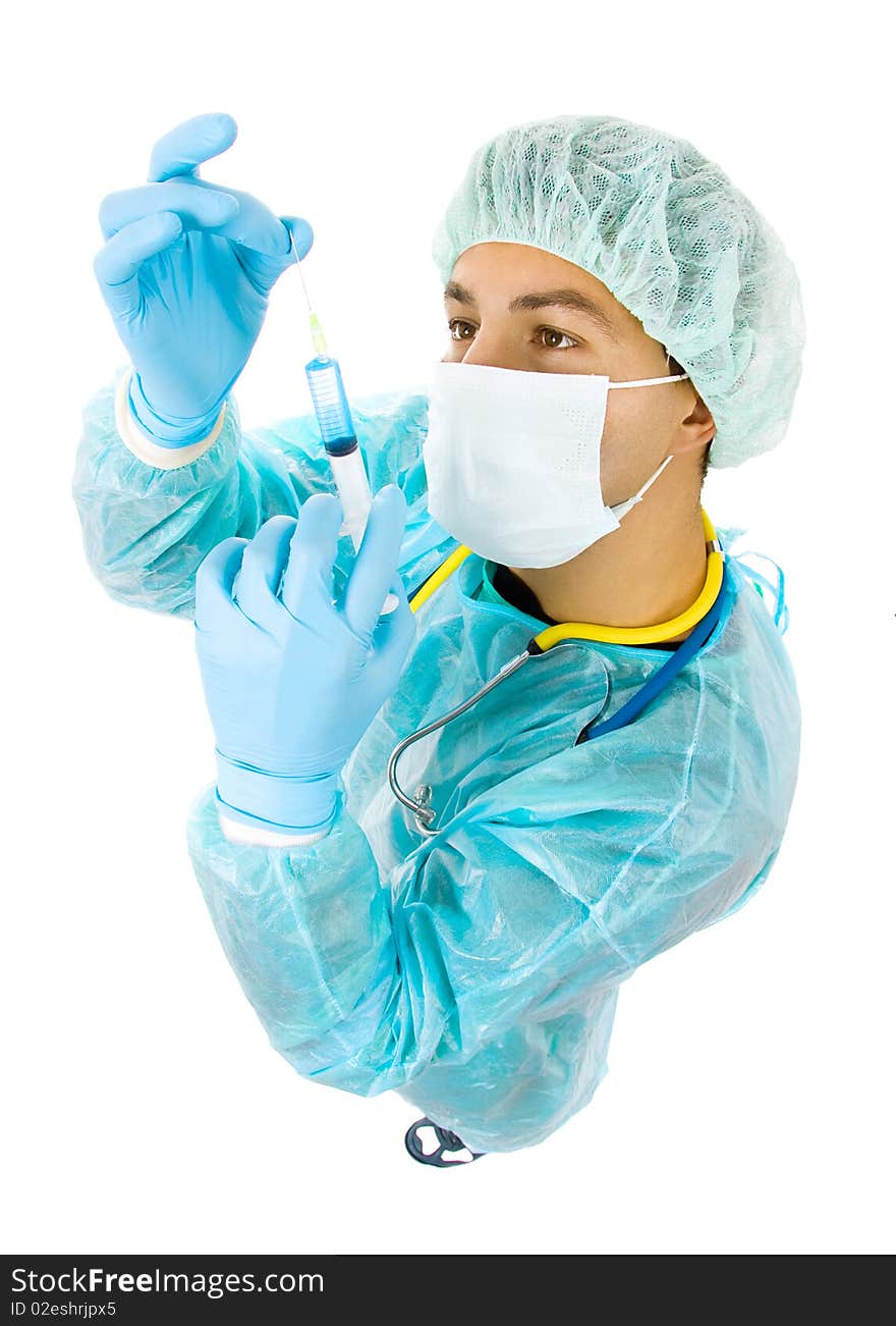 Young doctor full body with a syringe, isolated on white(focus in the eyes)