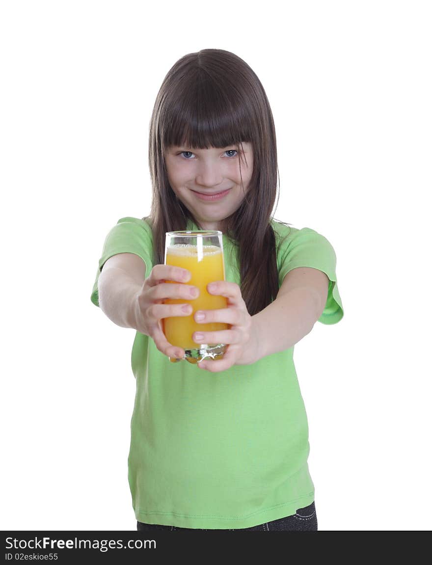 The smile little girl with orange juice. Isolated on a white background.