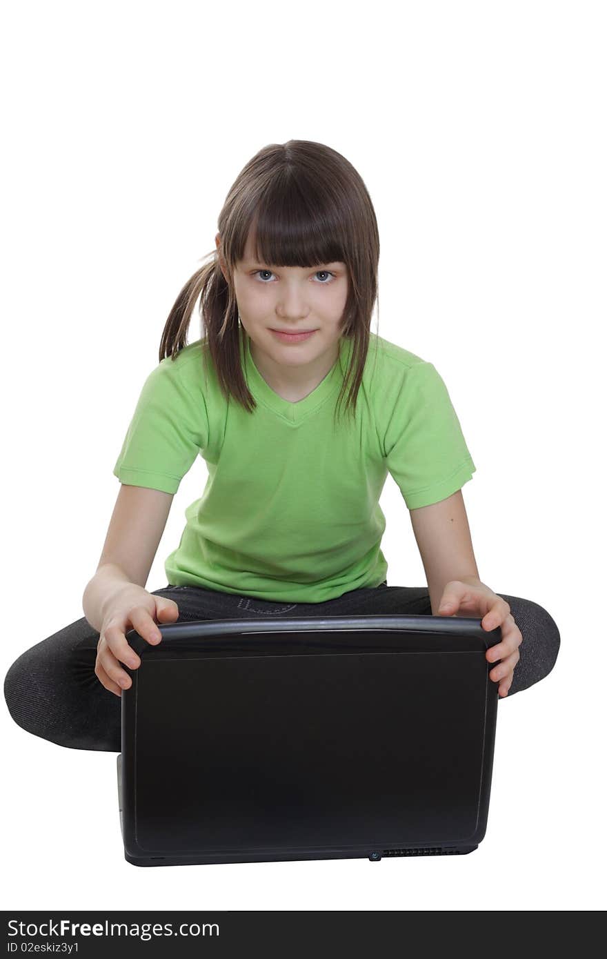 Little girl with laptop. Isolated on a white background