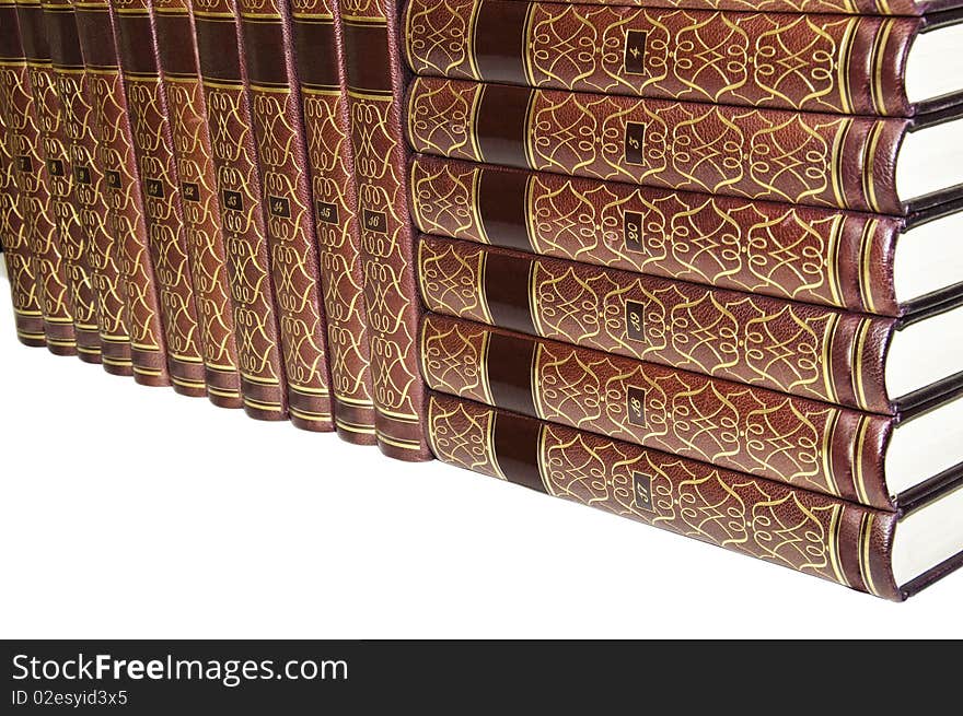 A view of an encyclopedia of old books in good condition. A view of an encyclopedia of old books in good condition