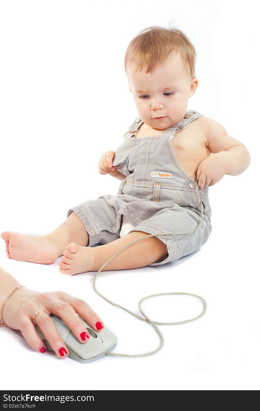 Child with the mouses on a white background. Child with the mouses on a white background