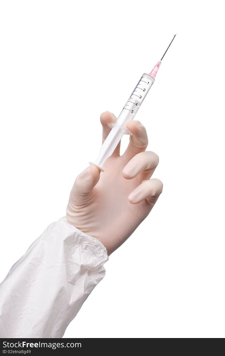 Hands in rubber gloves with syringe isolated on white background. Hands in rubber gloves with syringe isolated on white background