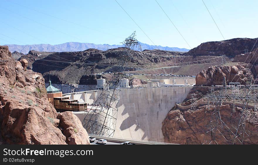 Hoover Dam concrete bodyand the rocky sides of the dam, photo taken from the west side.