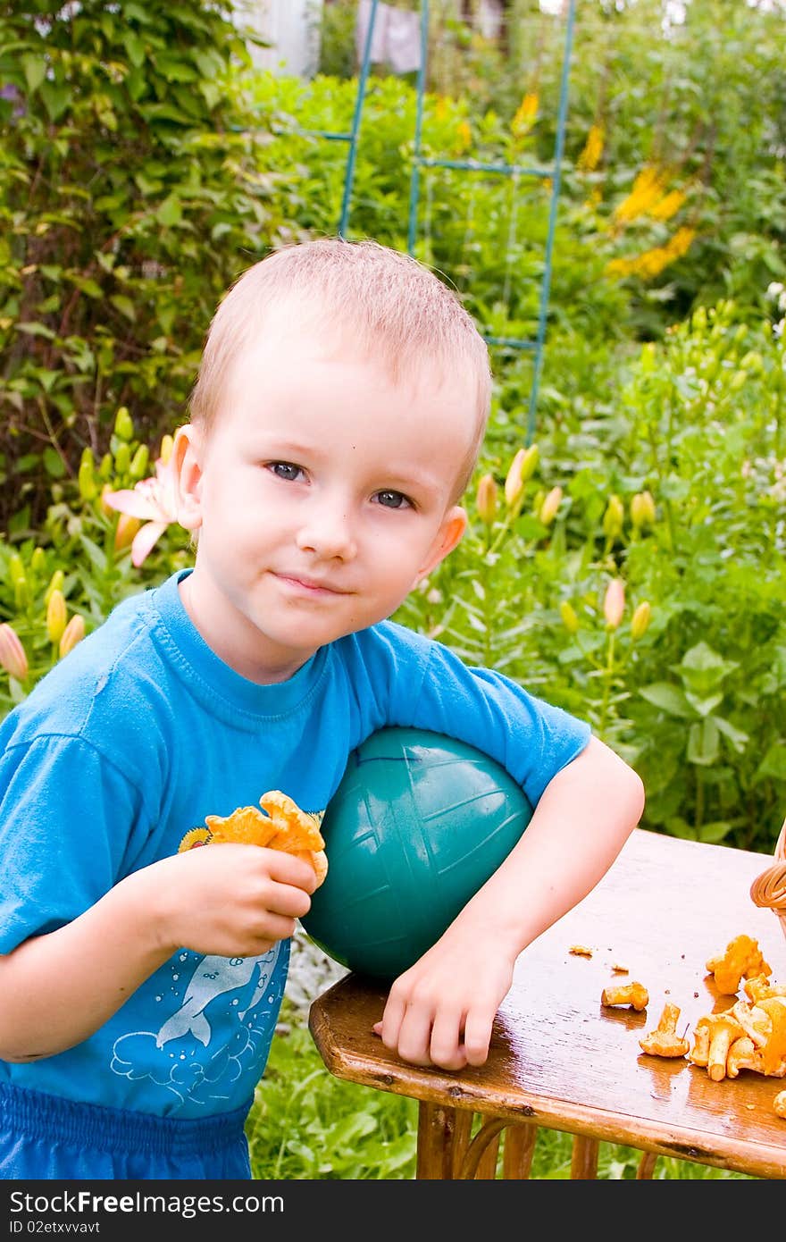 Boy with mushrooms outdoors in the summer